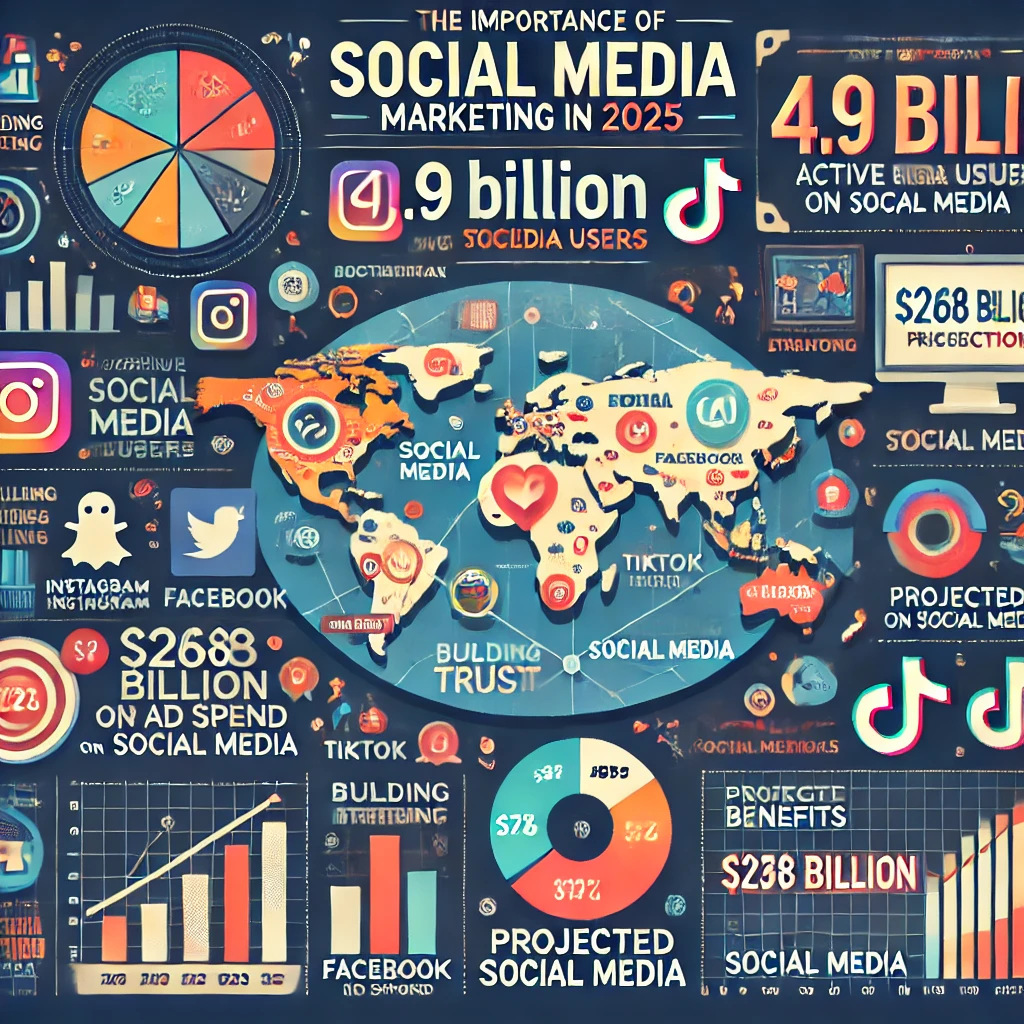 An infographic highlighting the importance of social media marketing in 2025. It shows 4.9 billion global social media users represented by a world map with icons, logos of platforms like Instagram, Facebook, and TikTok, a bar chart illustrating $268 billion in projected ad spend, and icons depicting benefits like trust-building, storytelling, and authenticity. The design is colorful and professional. 